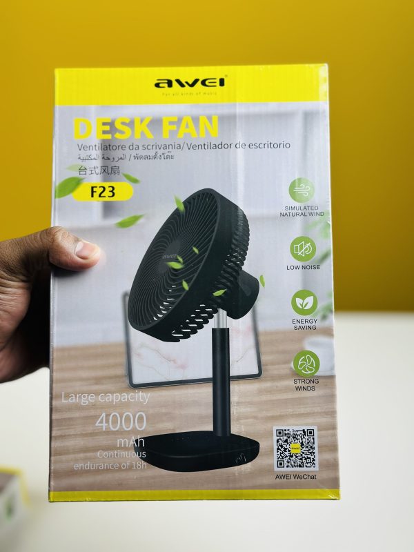 Awei F23 Portable USB Rechargeable Desk Fan (4000mAh)- Black Color - Image 2
